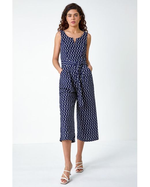 Roman Blue Belted Wave Print Cropped Jumpsuit