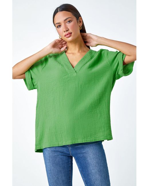 Roman Green Textured Cotton Relaxed T-shirt