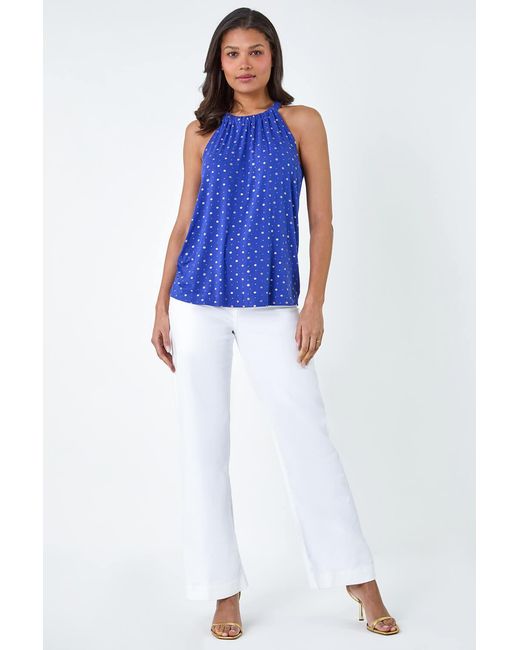 Lilly-and-Hope Blue Metallic Foil Sun Halter Neck Top