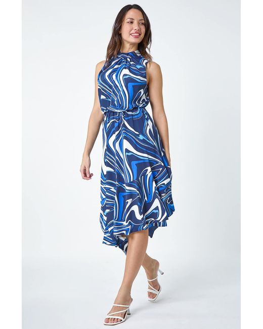 Roman Blue Sleeveless Swirl Print Asymmetric Midi Dress
