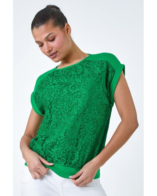Roman Green Lace Panel Stretch Jersey Top