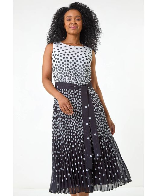 Roman Petite Blue Spot Print Pleated Midi Dress