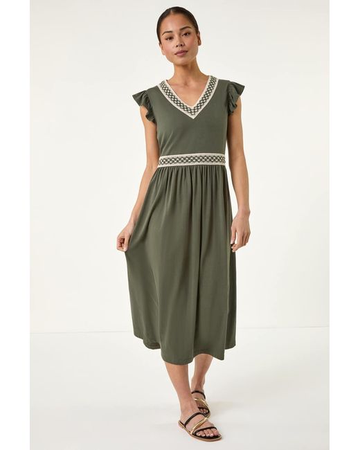 Roman Petite Green Crochet Trim Midi Dress