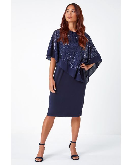 Roman Petite Blue Sequin Overlay Stretch Dress
