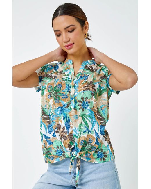 Roman Blue Floral Print Tie Detail Top