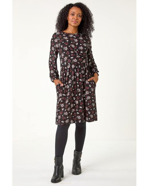 Roman Petite Black Floral Twist Detail Short Dress