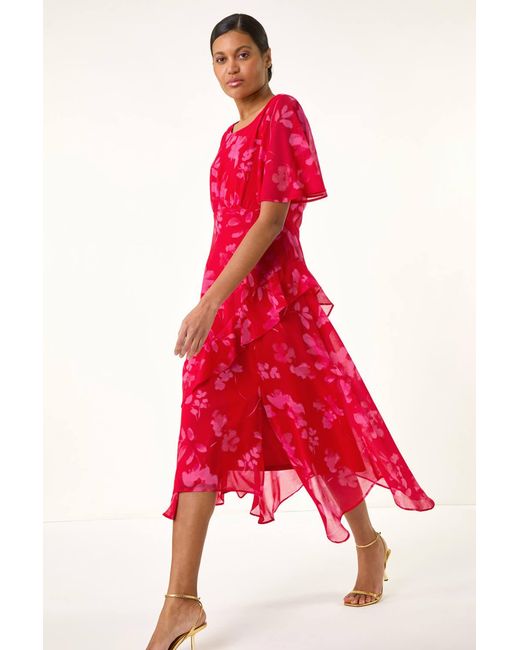 Roman Red Floral Frill High Low Midi Dress