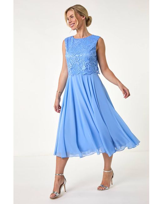 Roman Petite Blue Lace Overlay Midi Dress
