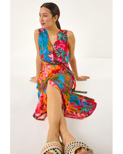 Roman Red Tropical Print Button Through Midi Dress