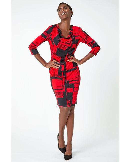 Roman Red Abstract Print Cowl Neck Bodycon Dress