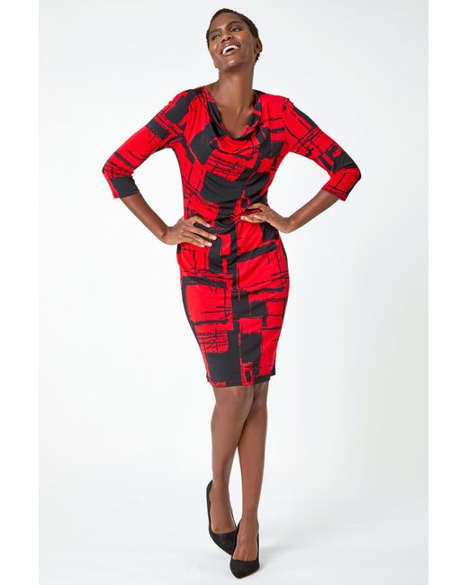 Roman Red Abstract Print Cowl Neck Stretch Dress