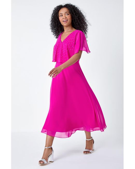 Roman Petite Pink Embellished Chiffon Midi Cape Dress