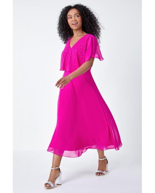 Roman Pink Petite Embellished Chiffon Midi Cape Dress