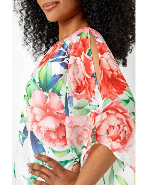 Roman Petite Multicolor Floral Print Cold Shoulder Chiffon Top