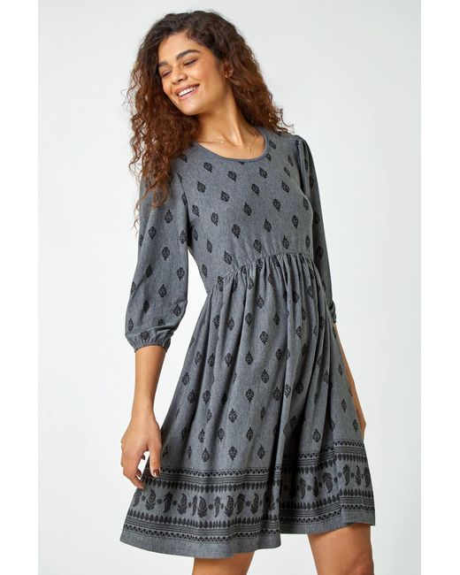 Roman Gray Paisley Border Print Stretch Dress