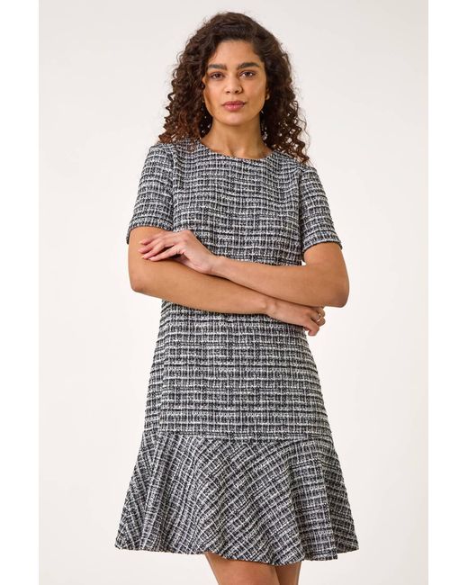Roman Gray Textured Frill Hem Stretch Dress