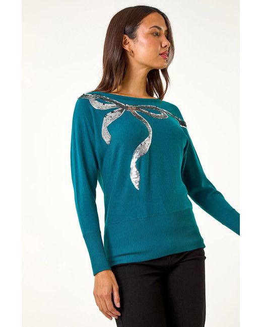 Roman Blue Sequin Bow Slash Neck Jumper