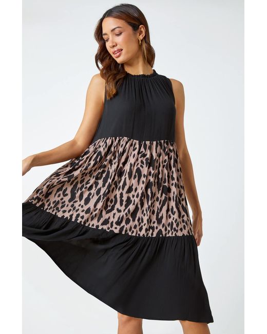 Roman Black Leopard Print Panel Smock Dress