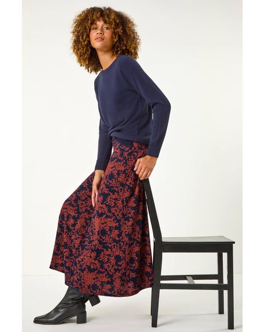 Roman Blue Foliage Floral Print Stretch Midi Skirt