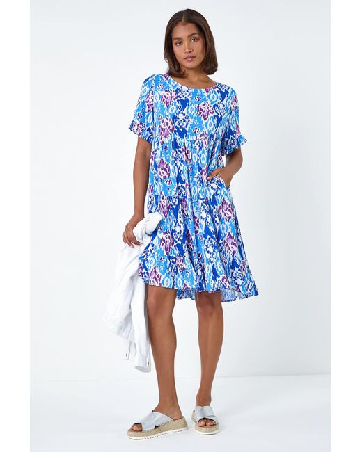 Roman Blue Aztec Print Tiered Smock Dress