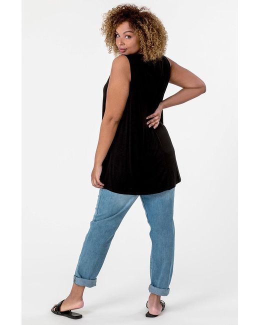 Roman Curve Black Plain V-Neck Vest Top