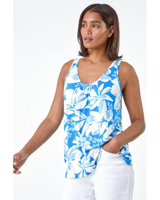 Roman Blue Sleeveless Floral Print Stretch Vest