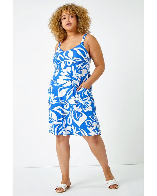 Roman Curve Blue Sleeveless Floral Stretch Dress