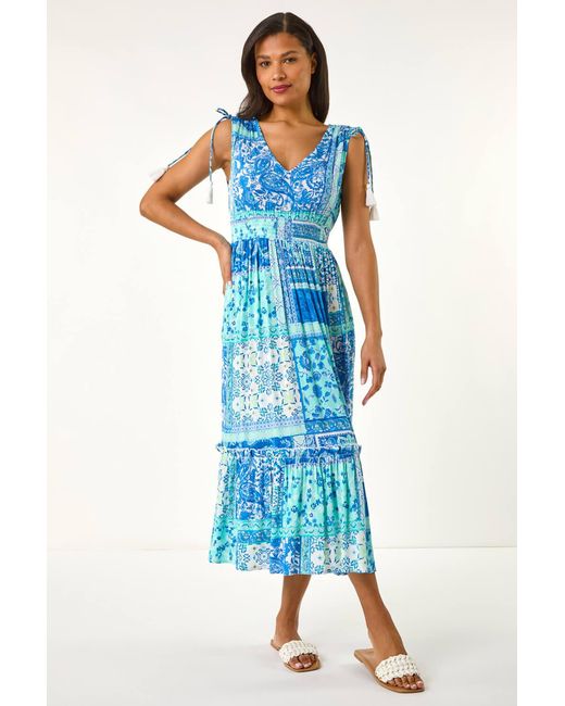 Roman Blue Patchwork Shimmer Maxi Dress