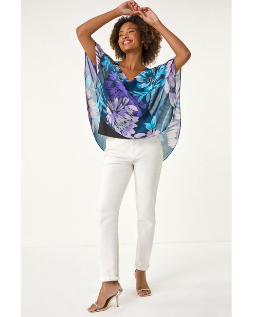 Roman Blue Floral Cold Shoulder Overlay Top