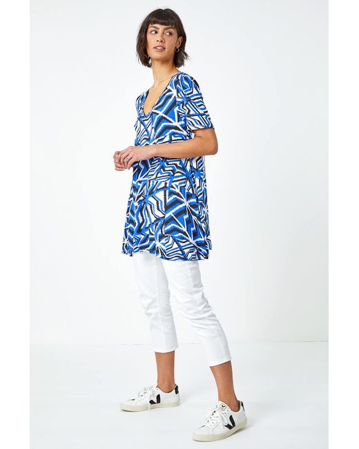 Roman Blue Abstract Print V-Neck Jersey Tunic Top
