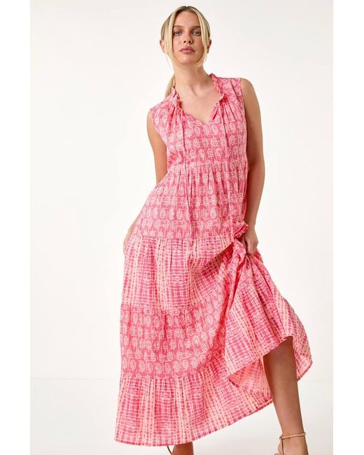 Roman Petite Pink Tie Dye Tiered Midi Dress
