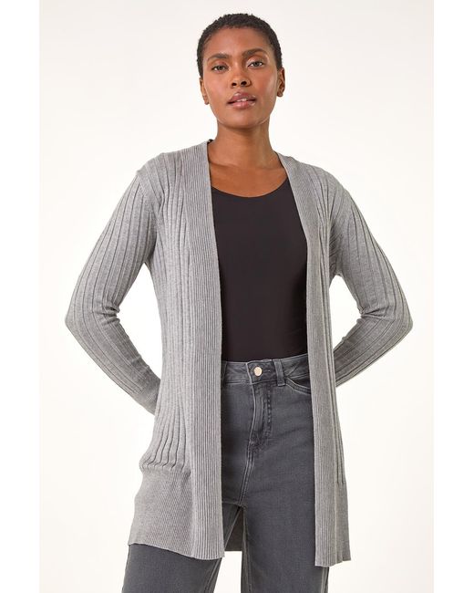 Roman Blue Longline Ribbed Open Cardigan