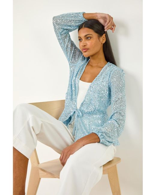 Roman Blue Sequin Tie Front Stretch Top