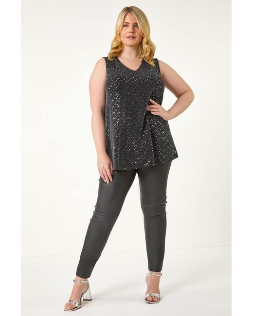 Roman Curve Black Sparkle Vest Stretch Top