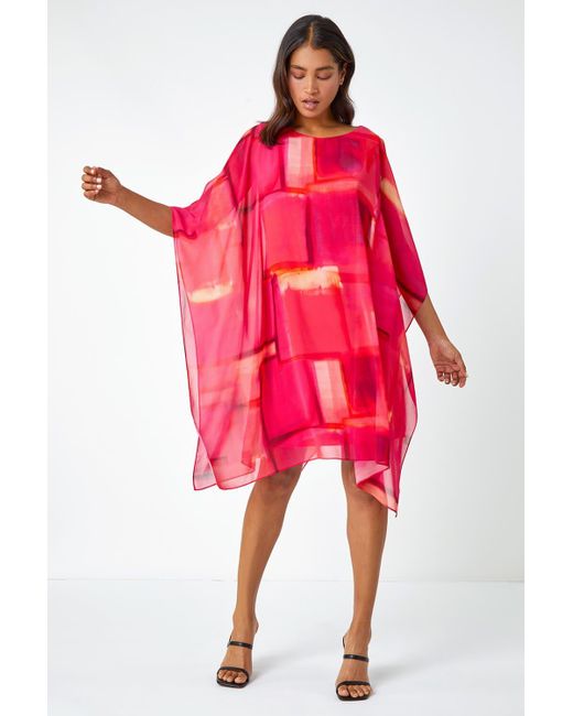 Roman Red Abstract Print Chiffon Overlay Dress