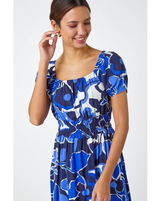 Roman Blue Floral Print Puff Sleeve Midi Dress