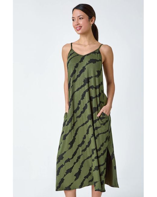 Roman Green Tie Dye Stretch Jersey Pocket Midi Dress