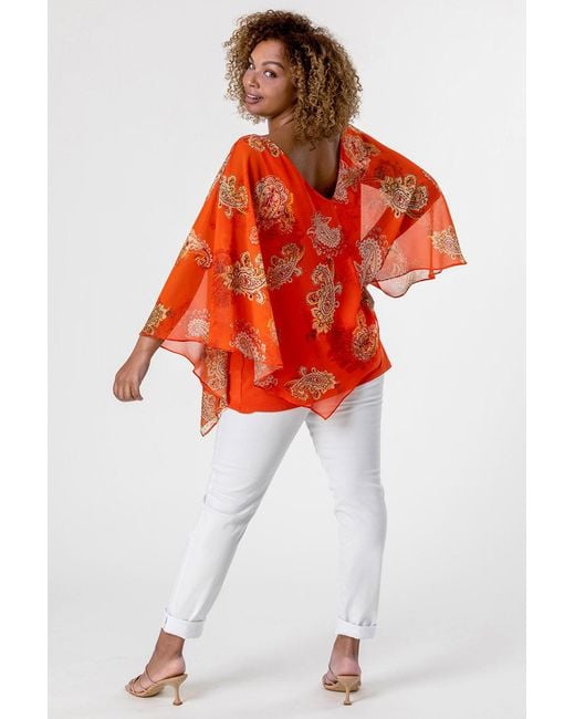 Roman Curve Orange Paisley Print Chiffon Top