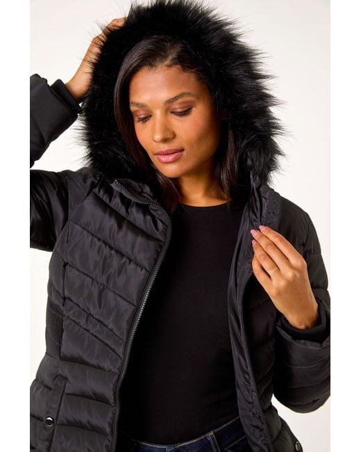 Roman Black Faux Fur Hooded Quilt Coat