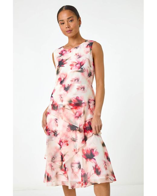 Roman Petite Red Floral Overlay Dress