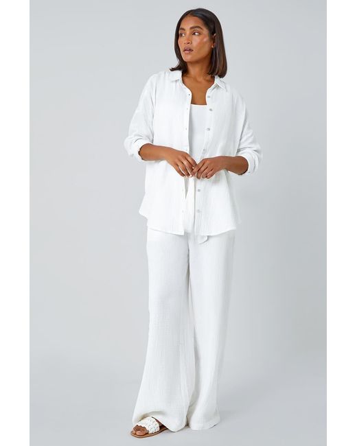 Roman White Cotton Textured Button Shirt