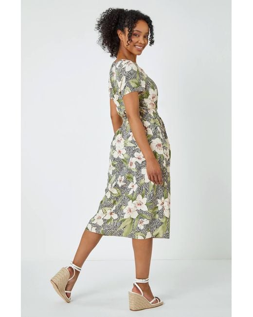 Roman Petite Green Floral Zebra Print Midi Dress
