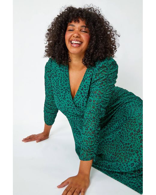 Roman Curve Green Leopard Print Hanky Hem Wrap Midi Dress