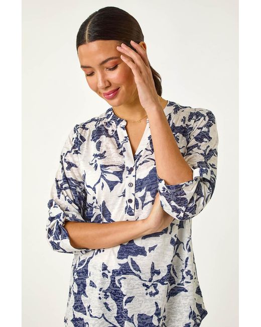 Roman Blue Floral Print Burnout V-Neck Shirt