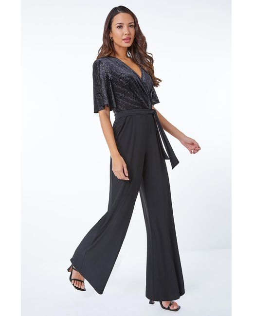 Roman Black Glitter Velvet Wrap Stretch Jumpsuit