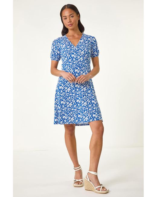 Roman Petite Blue Ditsy Print Wrap Stretch Dress