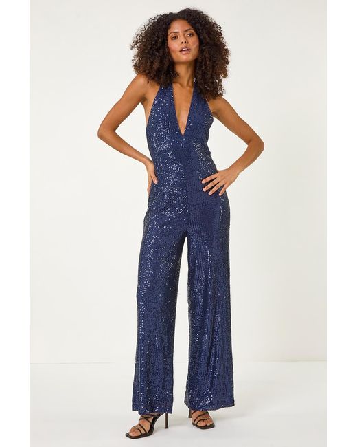 D.u.s.k Blue Sequin Halterneck Jumpsuit