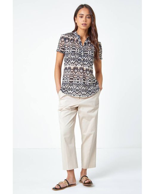 Roman Petite White Aztec Print Button Detail V-Neck Top