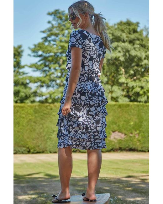 Roman Black Monochrome Print Frill Tiered Dress