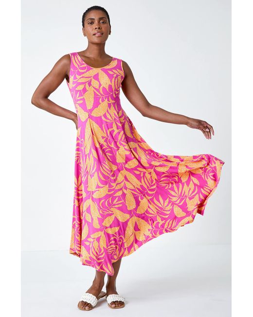 Roman Pink Tropical Print Pleated Maxi Stretch Dress